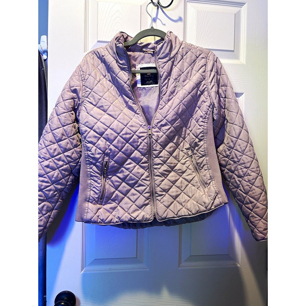U.S. Polo Assn. Women's L Purple Quilted Jacket Full Zip Pockets Long Sleeve